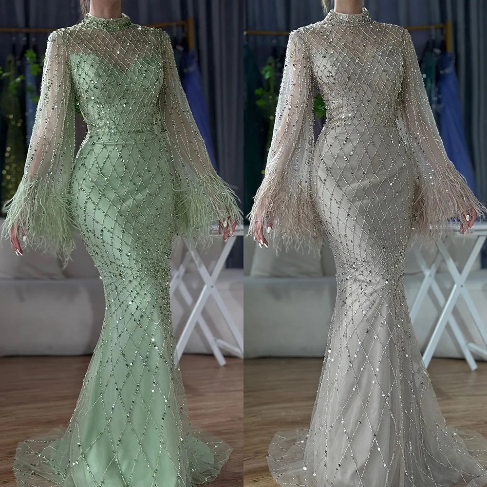 Luxury Dubai Caramel Beaded Feathers Mermaid Evening Dress LA72394A