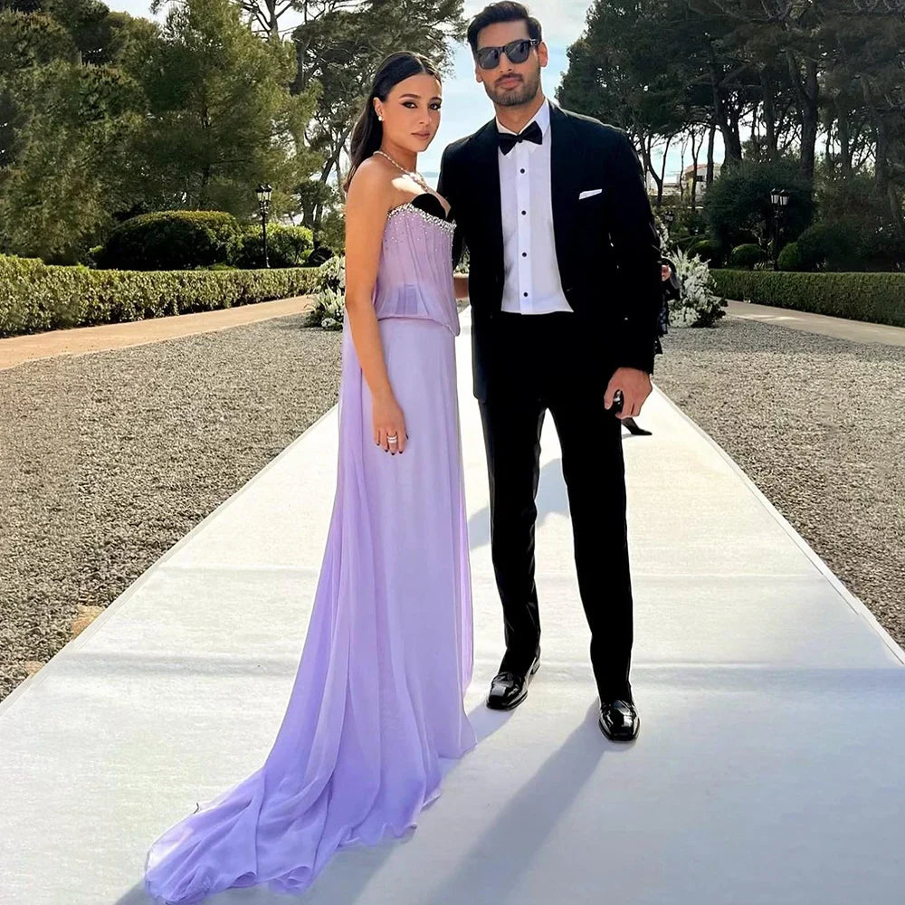 Luxury Dubai Saudi Lilac Two-Piece Satin A-Line Evening Dresses for Women Corset for Formal Occasion LA72765