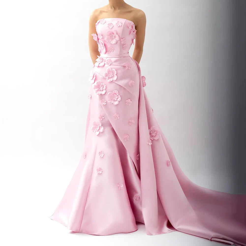 Luxury Dubai Saudi Pink Ruched Appliques Satin Mermaid Evening Dress Gown Lace-Up Back for Formal Occasion LA72740
