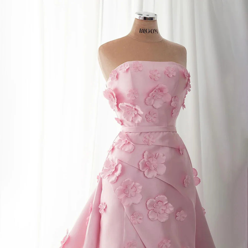 Luxury Dubai Saudi Pink Ruched Appliques Satin Mermaid Evening Dress Gown Lace-Up Back for Formal Occasion LA72740