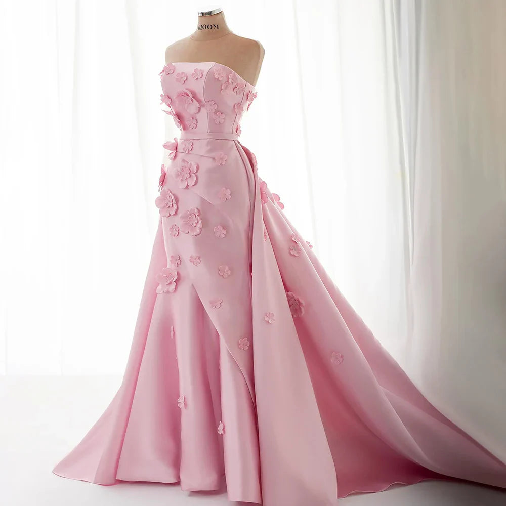Luxury Dubai Saudi Pink Ruched Appliques Satin Mermaid Evening Dress Gown Lace-Up Back for Formal Occasion LA72740
