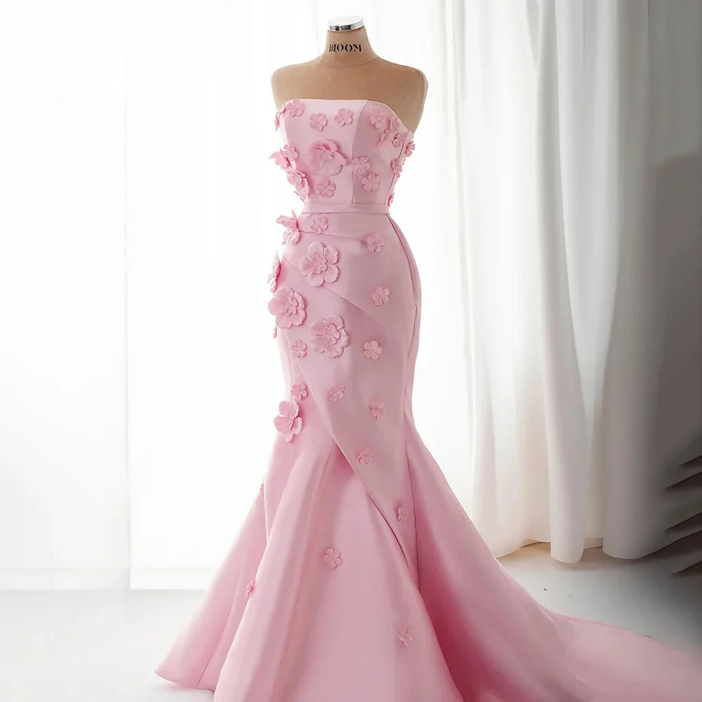 Luxury Dubai Saudi Pink Ruched Appliques Satin Mermaid Evening Dress Gown Lace-Up Back for Formal Occasion LA72740