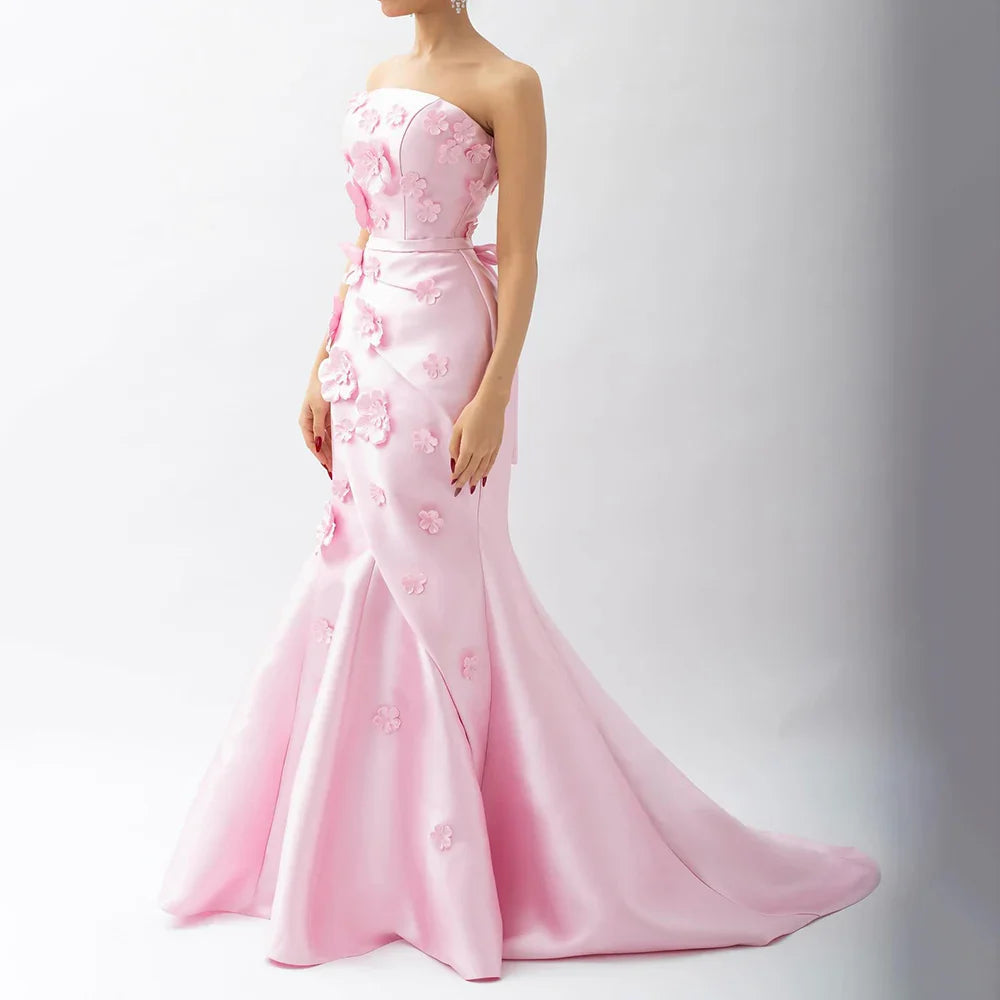 Luxury Dubai Saudi Pink Ruched Appliques Satin Mermaid Evening Dress Gown Lace-Up Back for Formal Occasion LA72740