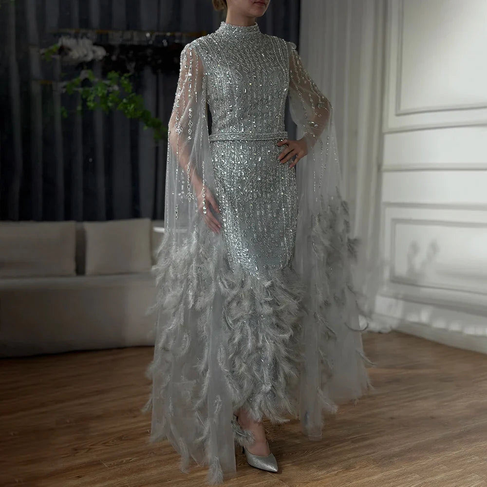 Luxury Dubai Silver Gray Mermaid Cape Sleeves Feathers Beaded Ankle Length Evening Dresses Gowns for Formal Occasion LA72747