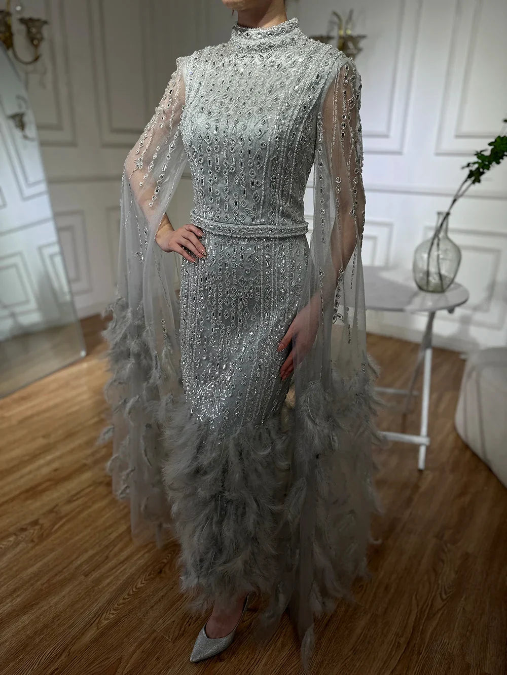 Luxury Dubai Silver Gray Mermaid Cape Sleeves Feathers Beaded Ankle Length Evening Dresses Gowns for Formal Occasion LA72747