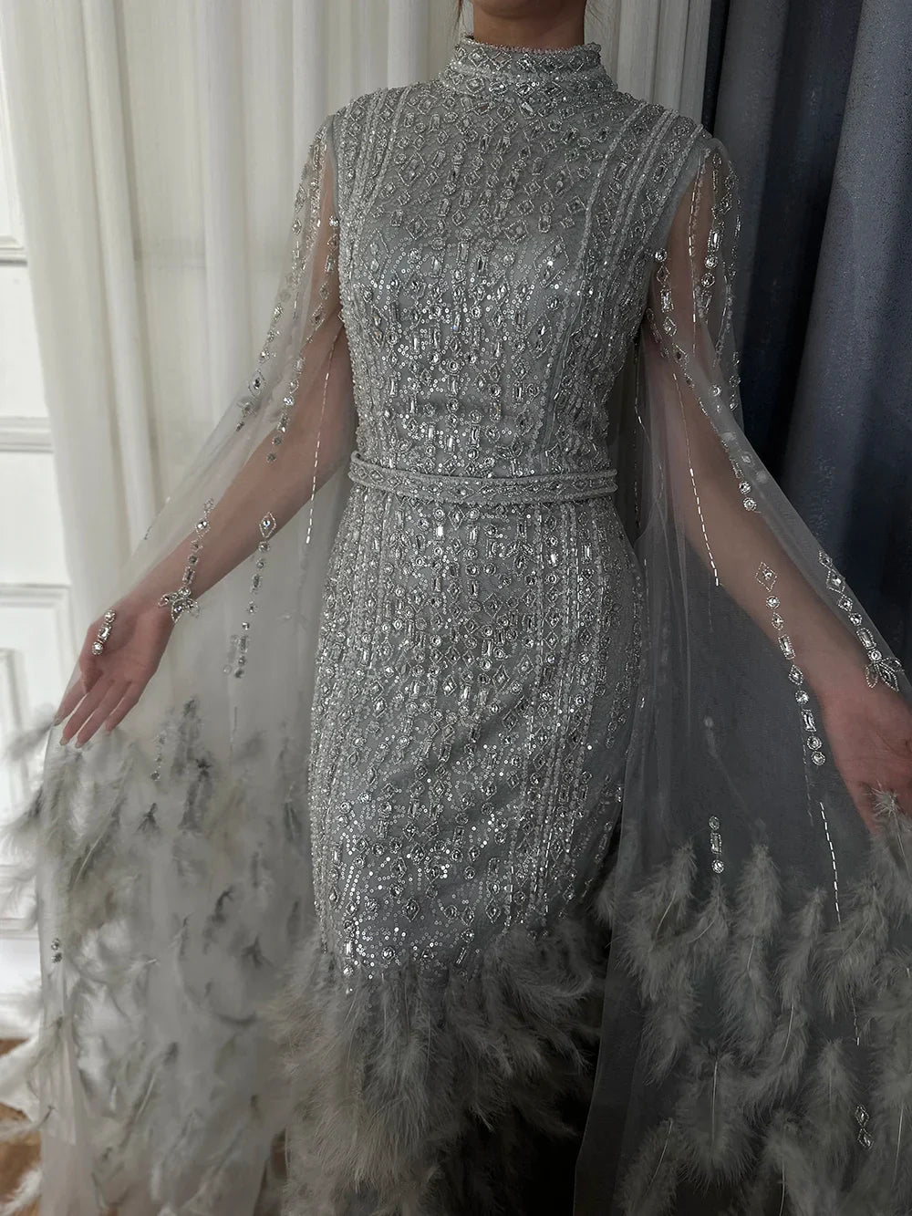 Luxury Dubai Silver Gray Mermaid Cape Sleeves Feathers Beaded Ankle Length Evening Dresses Gowns for Formal Occasion LA72747