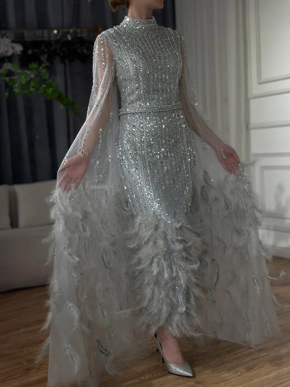 Luxury Dubai Silver Gray Mermaid Cape Sleeves Feathers Beaded Ankle Length Evening Dresses Gowns for Formal Occasion LA72747