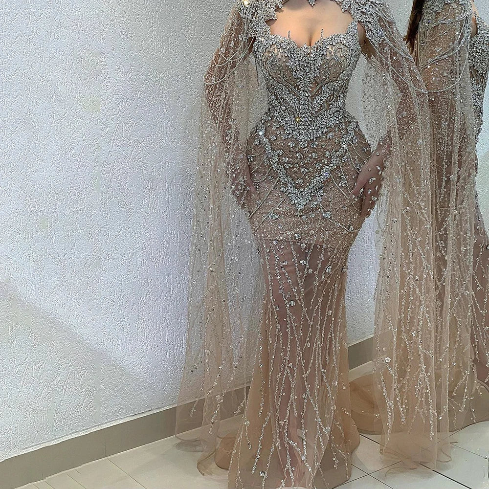 Luxury Designer Nude Beaded Crystal Evening Dress with Detachable Cape Sleeves LA72539