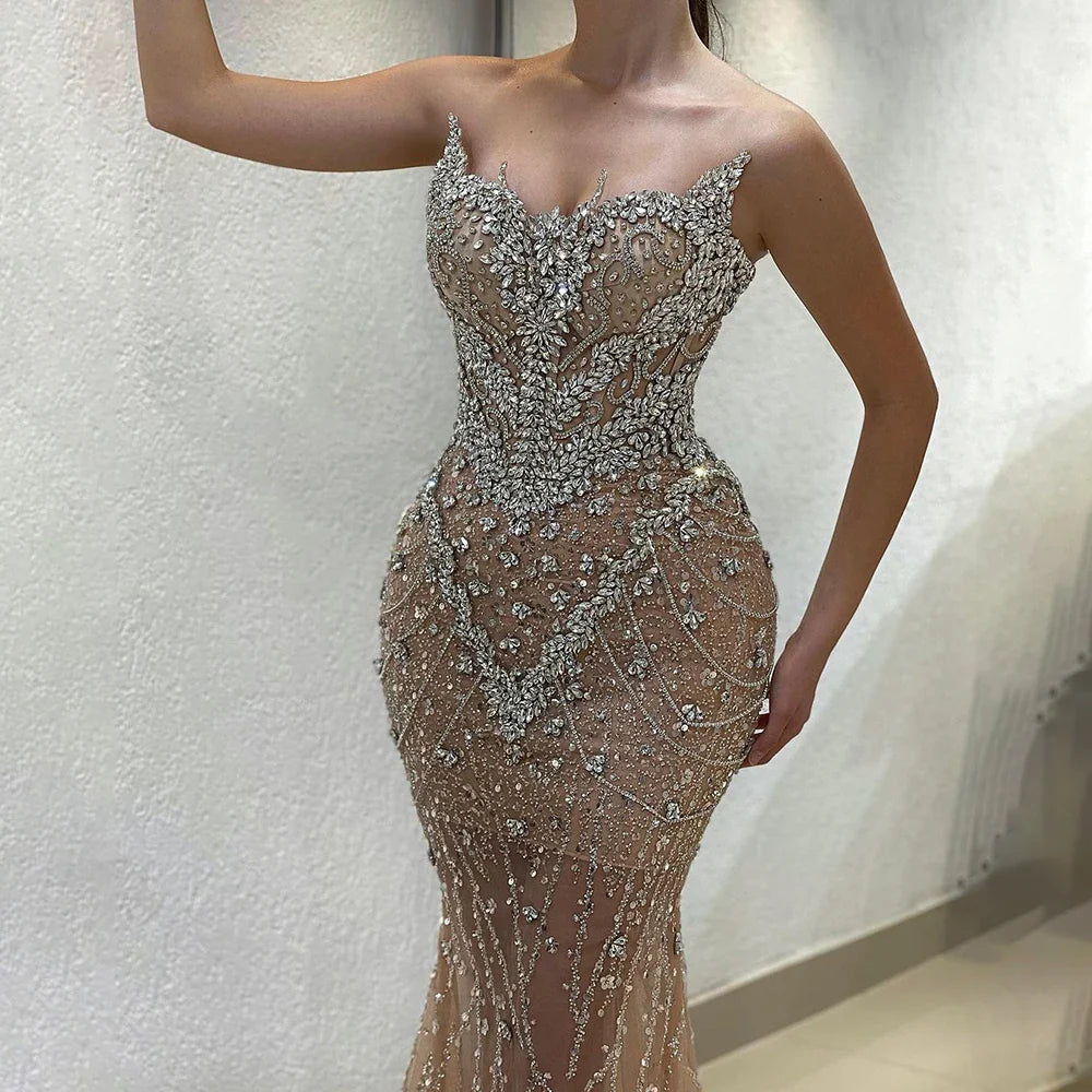 Luxury Designer Nude Beaded Crystal Evening Dress with Detachable Cape Sleeves LA72539