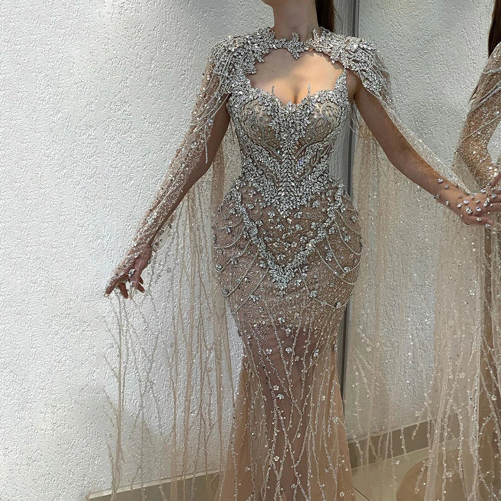 Luxury Designer Nude Beaded Crystal Evening Dress with Detachable Cape Sleeves LA72539