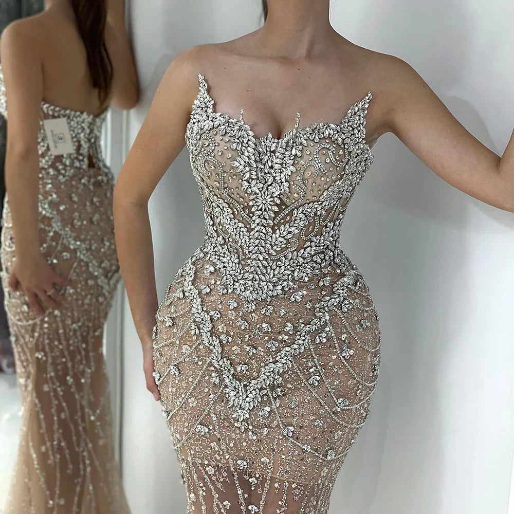 Luxury Designer Nude Beaded Crystal Evening Dress with Detachable Cape Sleeves LA72539