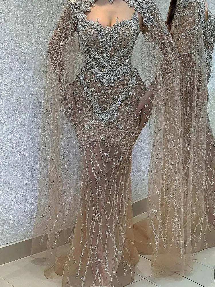 Luxury Designer Nude Beaded Crystal Evening Dress with Detachable Cape Sleeves LA72539