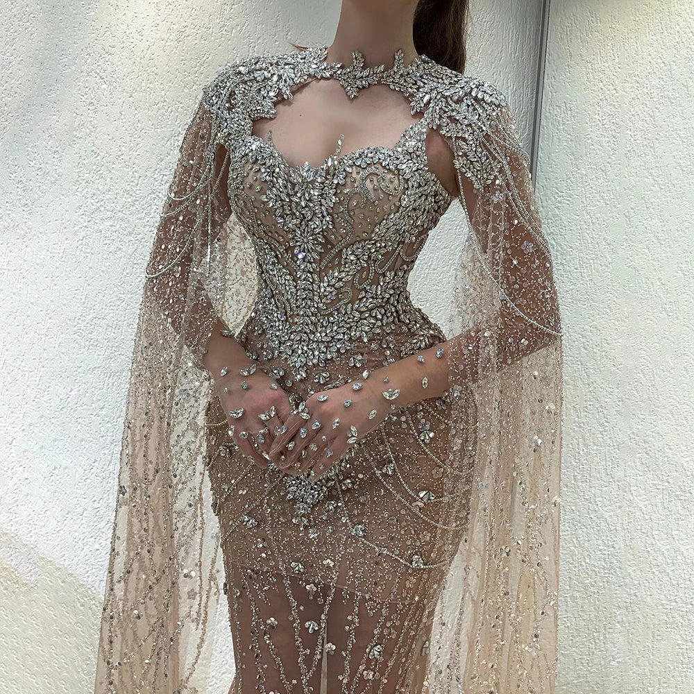 Luxury Designer Nude Beaded Crystal Evening Dress with Detachable Cape Sleeves LA72539