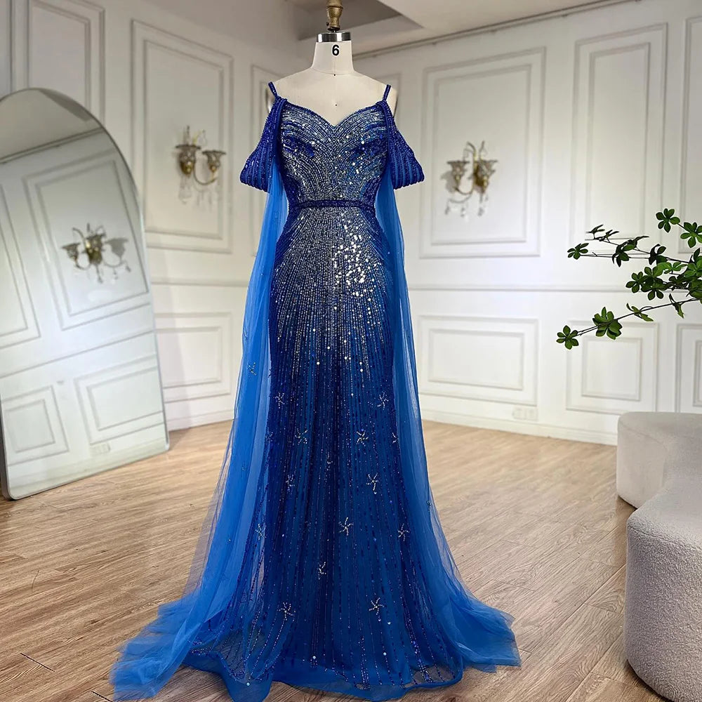 Serene Hill Spaghetti Strap Blue Mermaid Beaded Luxury Evening Dress with Cape Sleeves for Formal Occasion Saudi LA72707