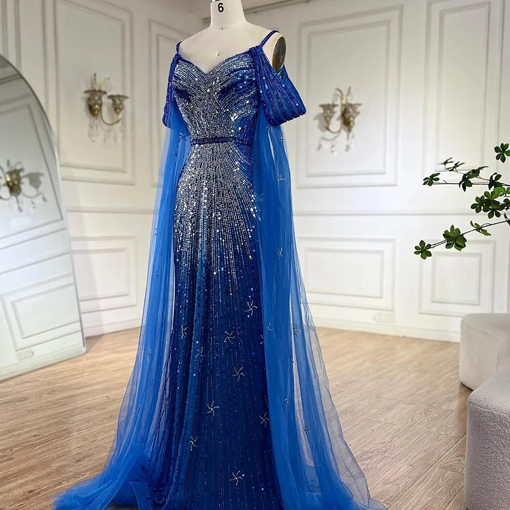 Serene Hill Spaghetti Strap Blue Mermaid Beaded Luxury Evening Dress with Cape Sleeves for Formal Occasion Saudi LA72707
