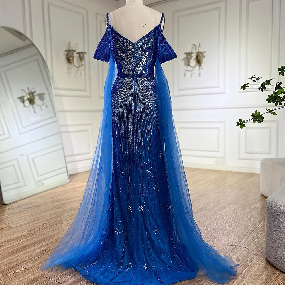 Serene Hill Spaghetti Strap Blue Mermaid Beaded Luxury Evening Dress with Cape Sleeves for Formal Occasion Saudi LA72707
