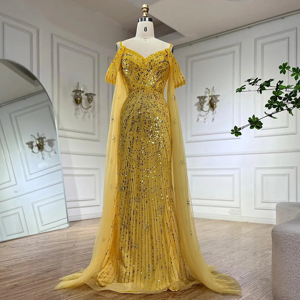 Serene Hill Spaghetti Strap Blue Mermaid Beaded Luxury Evening Dress with Cape Sleeves for Formal Occasion Saudi LA72707