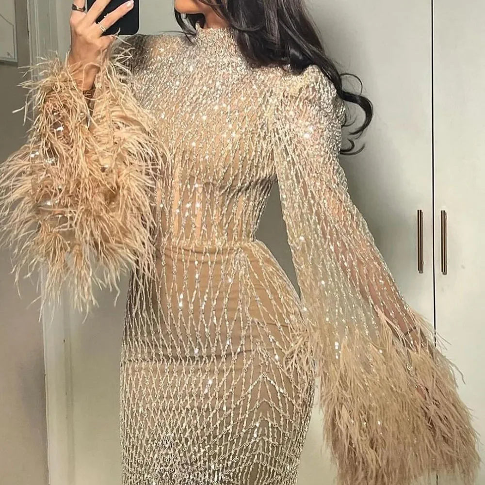 Serene Hill Women Wedding Party Dubai Gowns Nude Illusion Cut Out Lace Beaded Feathers Mermaid Long Evening Dresses LA72394