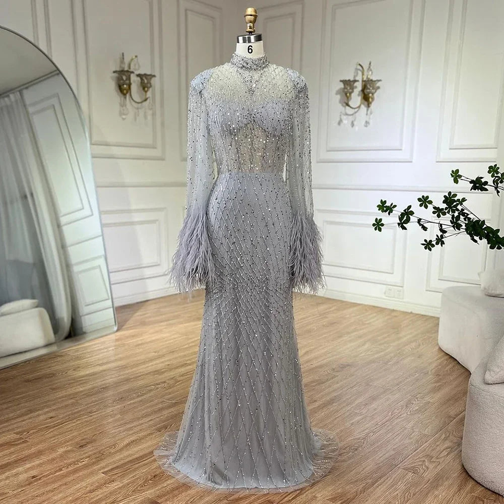 Serene Hill Women Wedding Party Dubai Gowns Nude Illusion Cut Out Lace Beaded Feathers Mermaid Long Evening Dresses LA72394