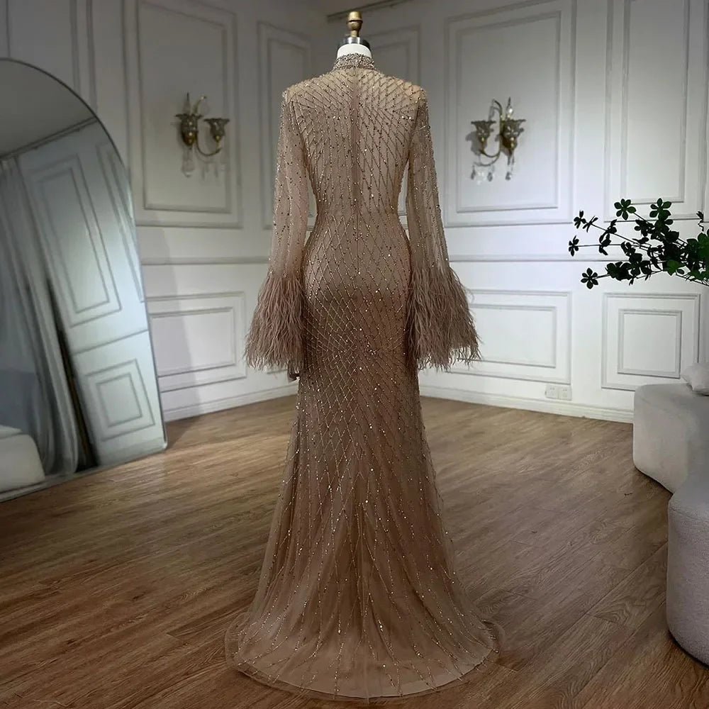 Serene Hill Women Wedding Party Dubai Gowns Nude Illusion Cut Out Lace Beaded Feathers Mermaid Long Evening Dresses LA72394