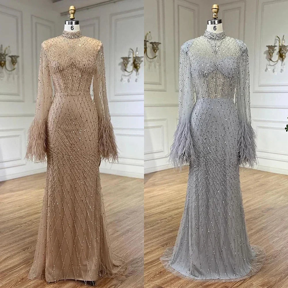 Serene Hill Women Wedding Party Dubai Gowns Nude Illusion Cut Out Lace Beaded Feathers Mermaid Long Evening Dresses LA72394