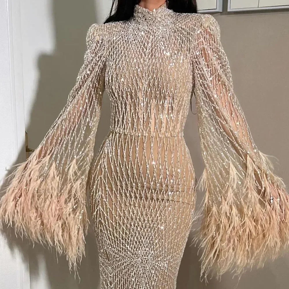 Serene Hill Women Wedding Party Dubai Gowns Nude Illusion Cut Out Lace Beaded Feathers Mermaid Long Evening Dresses LA72394