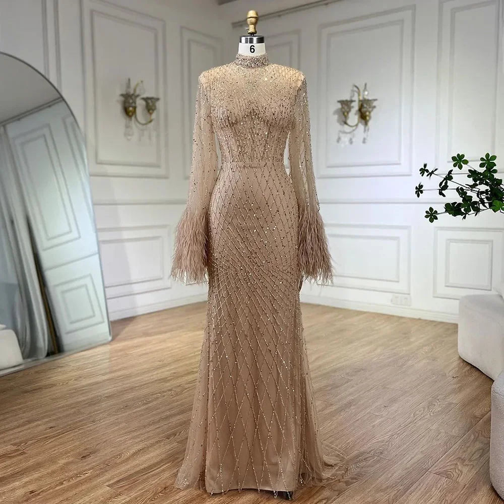 Serene Hill Women Wedding Party Dubai Gowns Nude Illusion Cut Out Lace Beaded Feathers Mermaid Long Evening Dresses LA72394