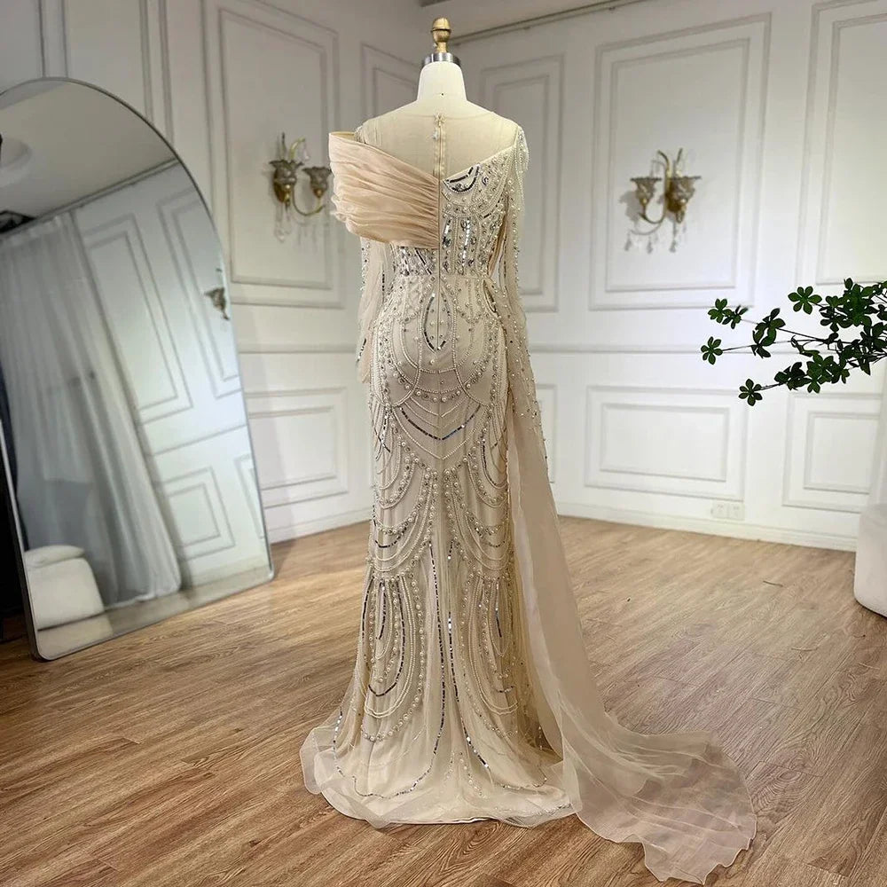 Luxury Designer Nude Crystal Mermaid Evening Dress with Overskirt LA72348