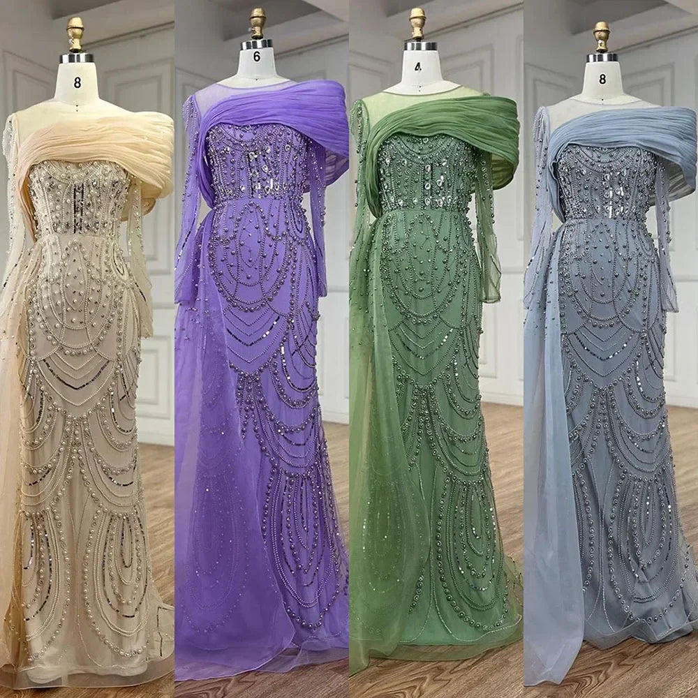 Luxury Designer Nude Crystal Mermaid Evening Dress with Overskirt LA72348