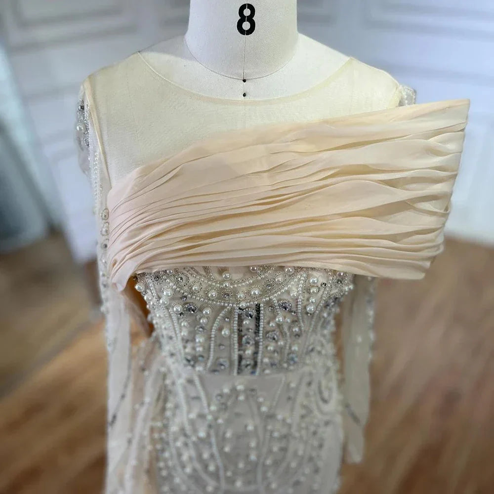 Luxury Designer Nude Crystal Mermaid Evening Dress with Overskirt LA72348