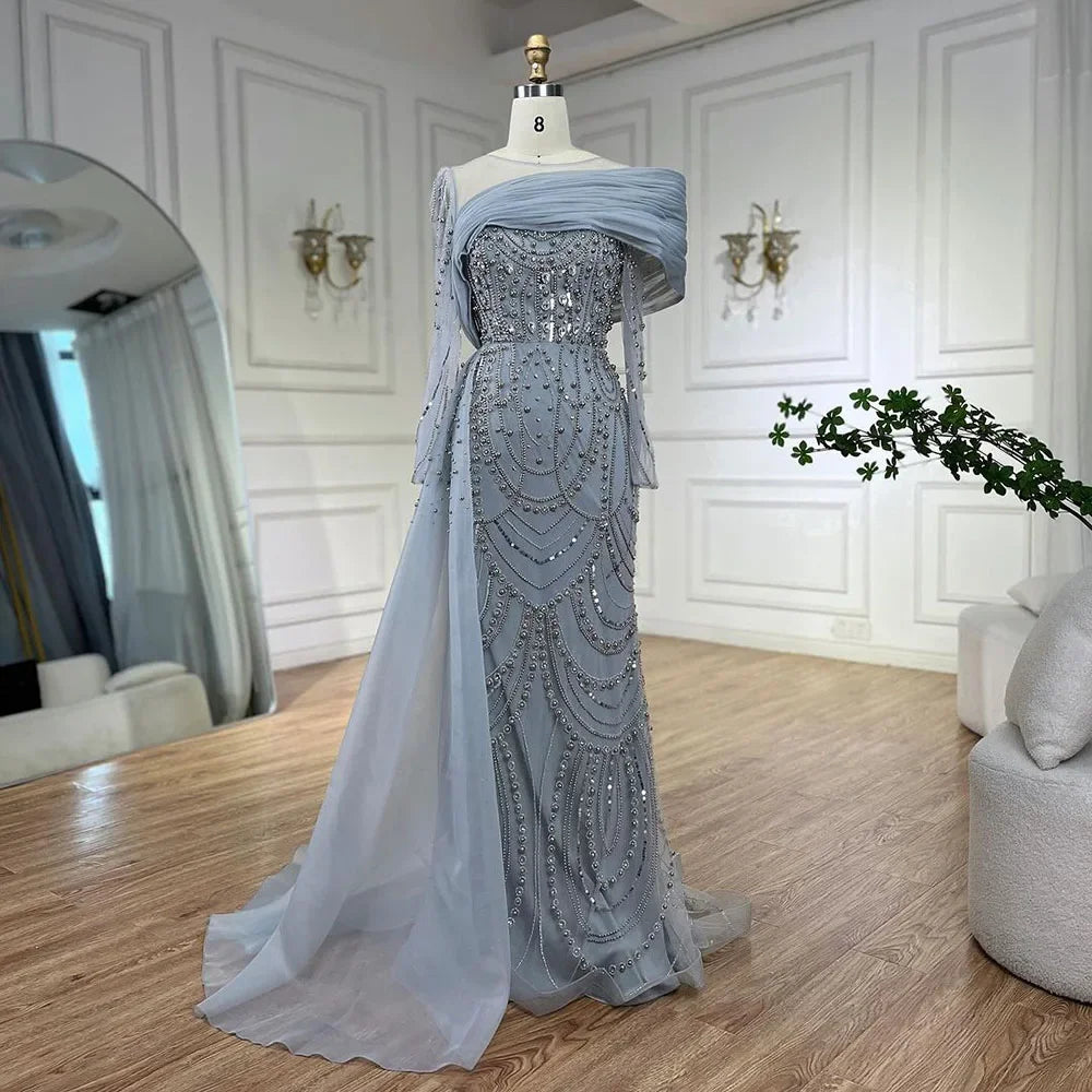 Luxury Designer Nude Crystal Mermaid Evening Dress with Overskirt LA72348