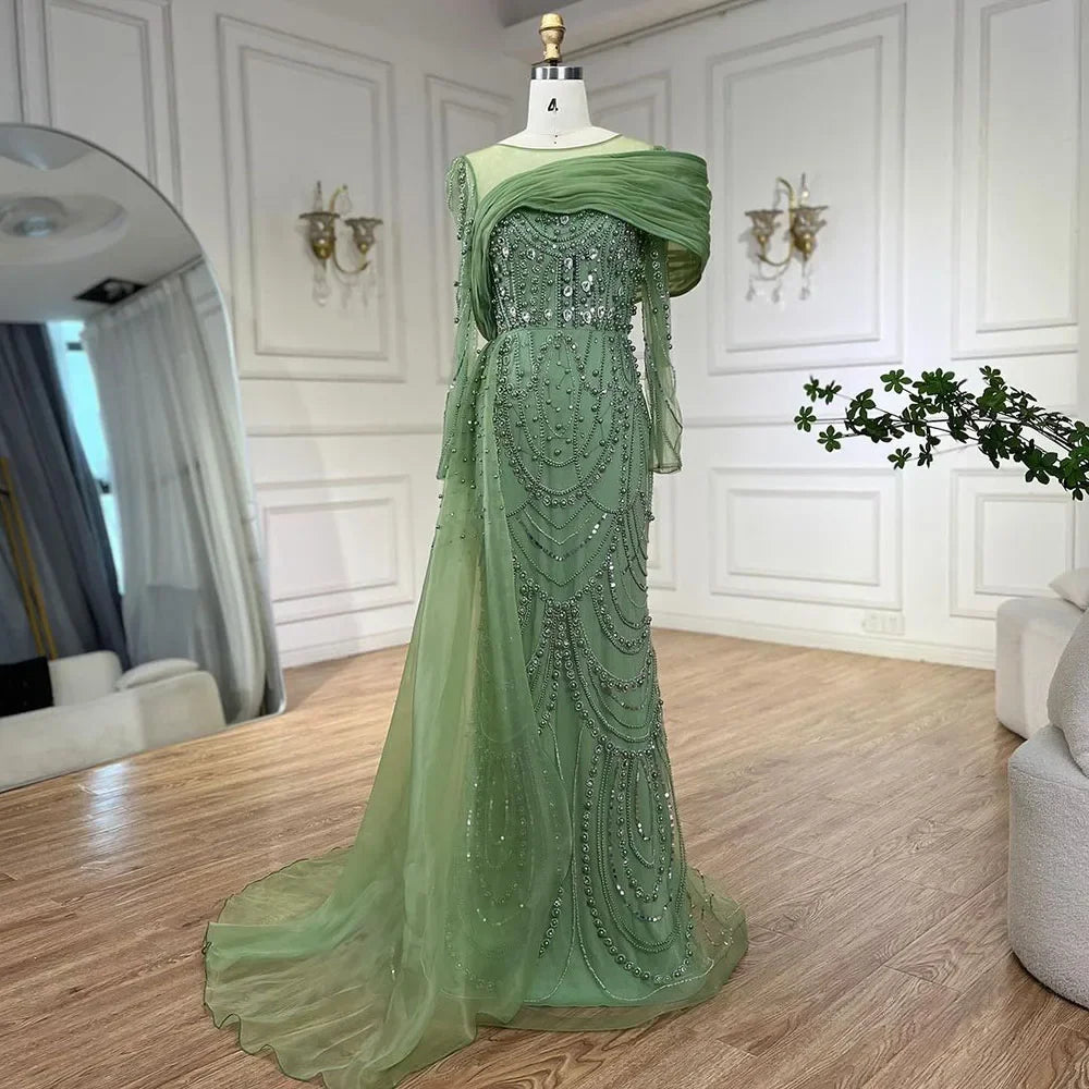 Luxury Designer Nude Crystal Mermaid Evening Dress with Overskirt LA72348