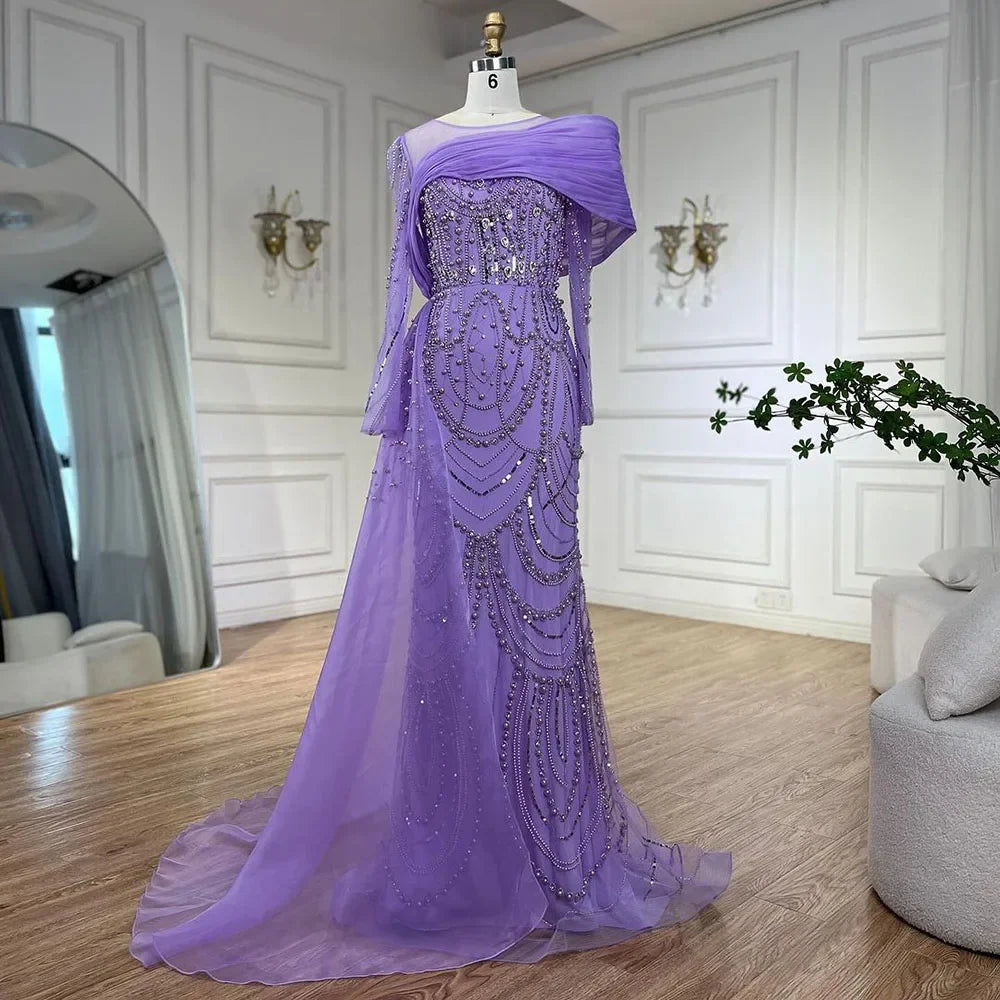 Luxury Designer Nude Crystal Mermaid Evening Dress with Overskirt LA72348
