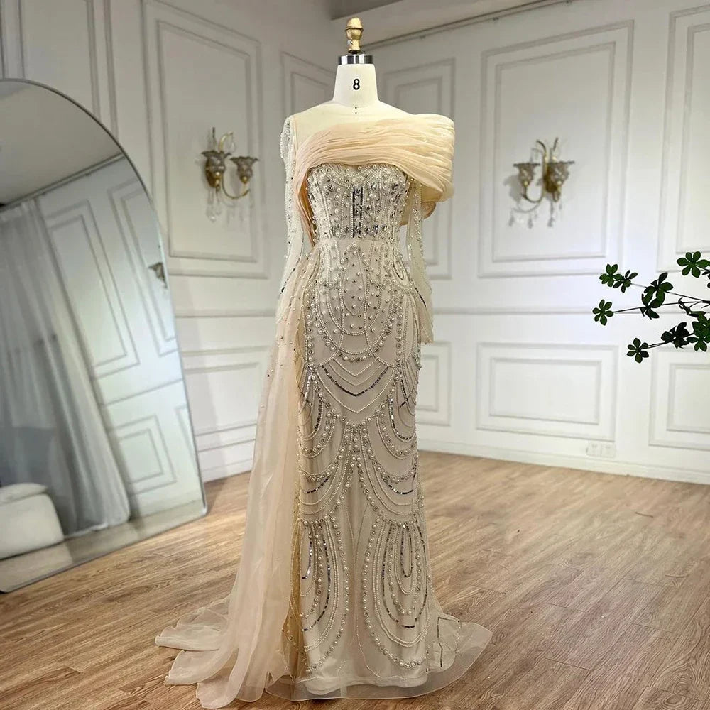 Luxury Designer Nude Crystal Mermaid Evening Dress with Overskirt LA72348