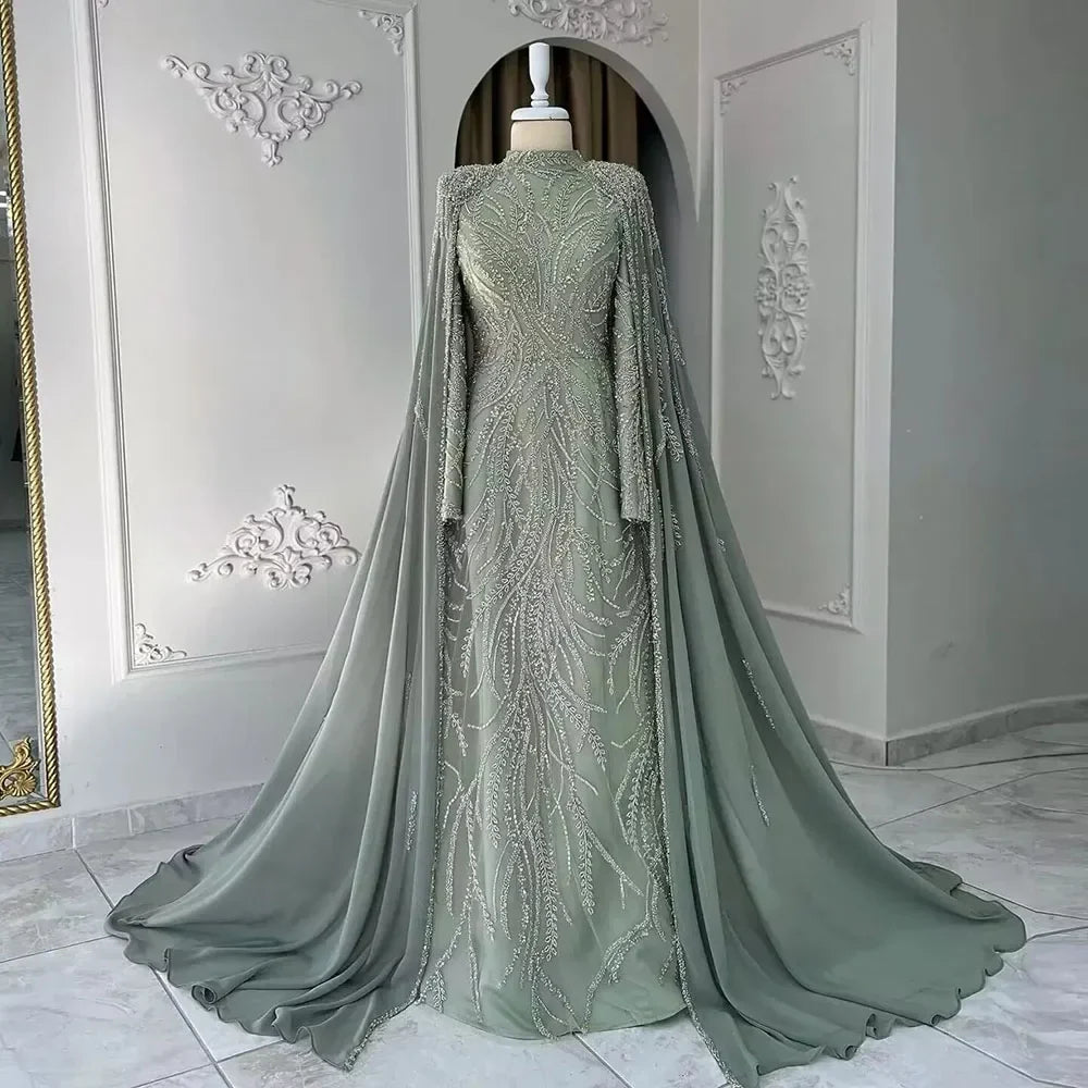 Luxury Dubai muslim Sage Green Mermaid Cape Sleeves Beaded Satin Luxury Evening Dresses Gowns for Women Party LA72413