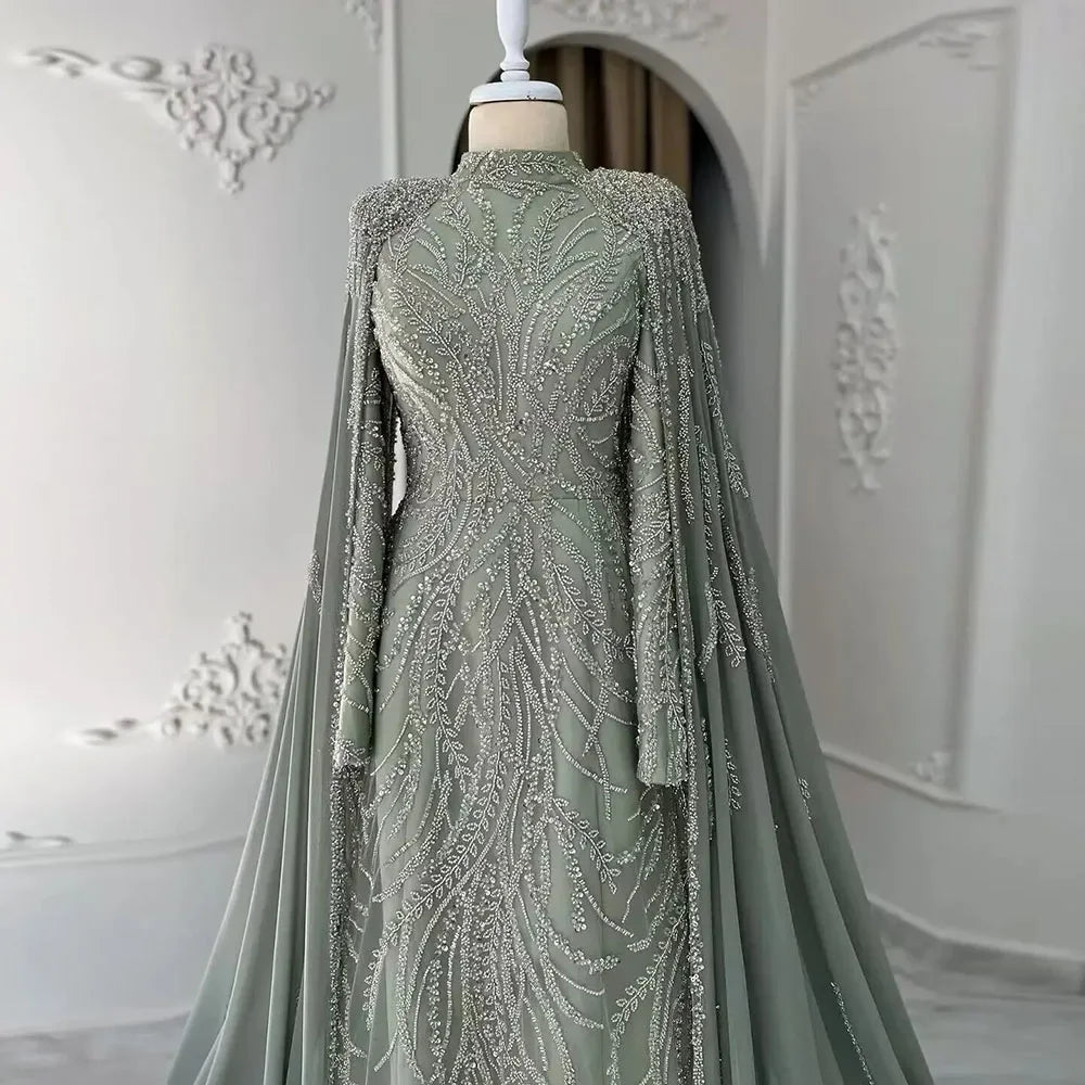 Luxury Dubai muslim Sage Green Mermaid Cape Sleeves Beaded Satin Luxury Evening Dresses Gowns for Women Party LA72413
