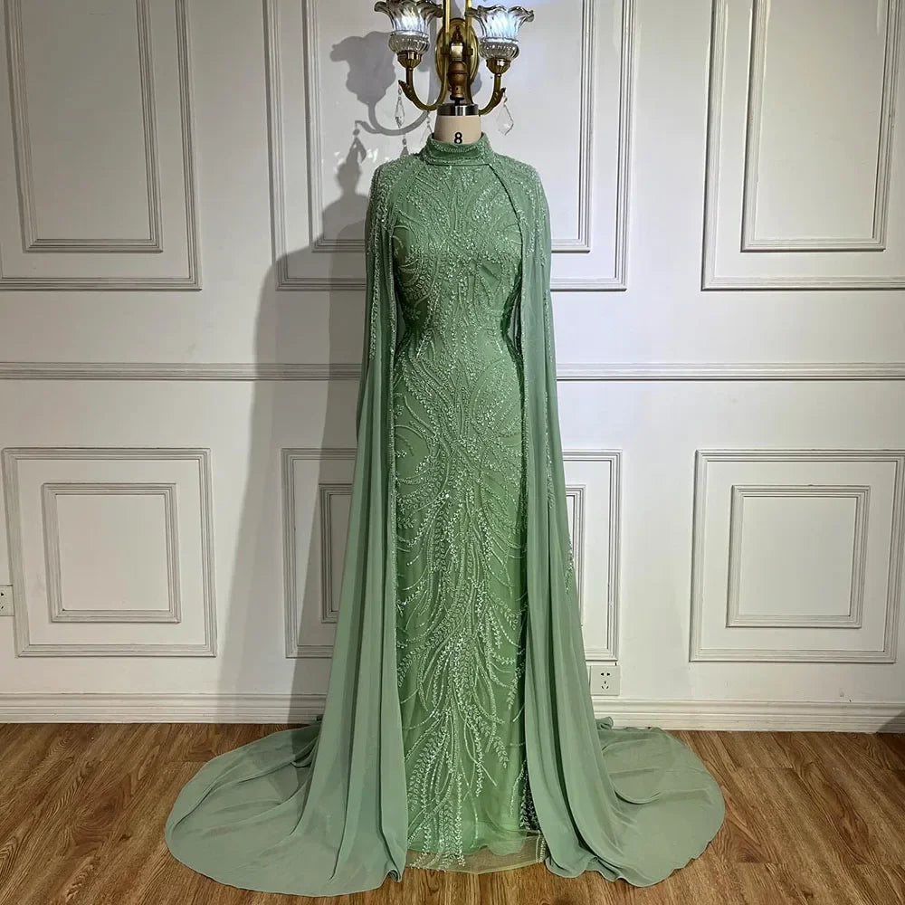 Luxury Dubai muslim Sage Green Mermaid Cape Sleeves Beaded Satin Luxury Evening Dresses Gowns for Women Party LA72413