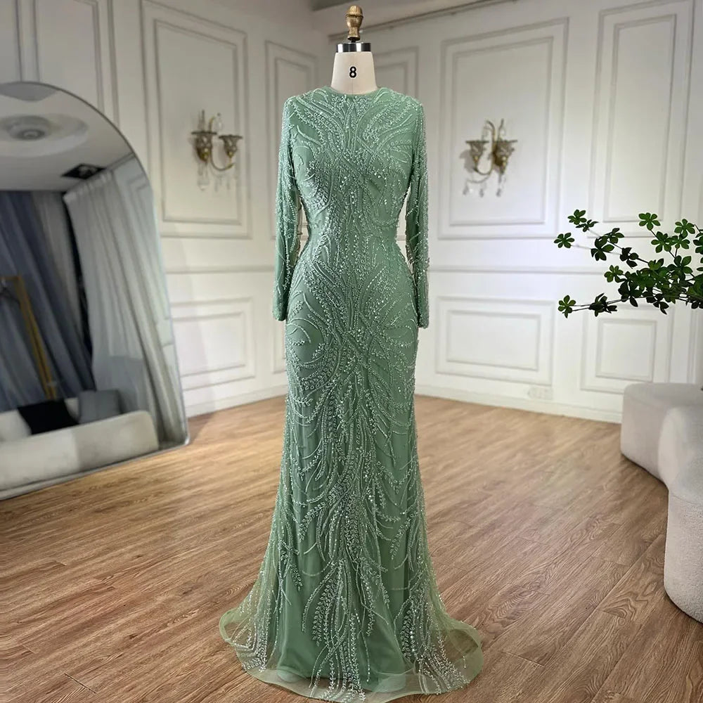 Luxury Dubai muslim Sage Green Mermaid Cape Sleeves Beaded Satin Luxury Evening Dresses Gowns for Women Party LA72413