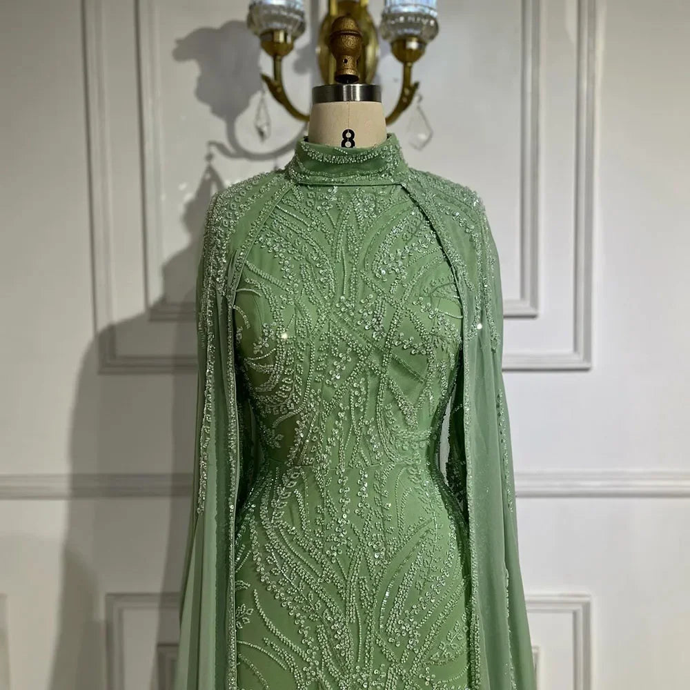 Luxury Dubai muslim Sage Green Mermaid Cape Sleeves Beaded Satin Luxury Evening Dresses Gowns for Women Party LA72413