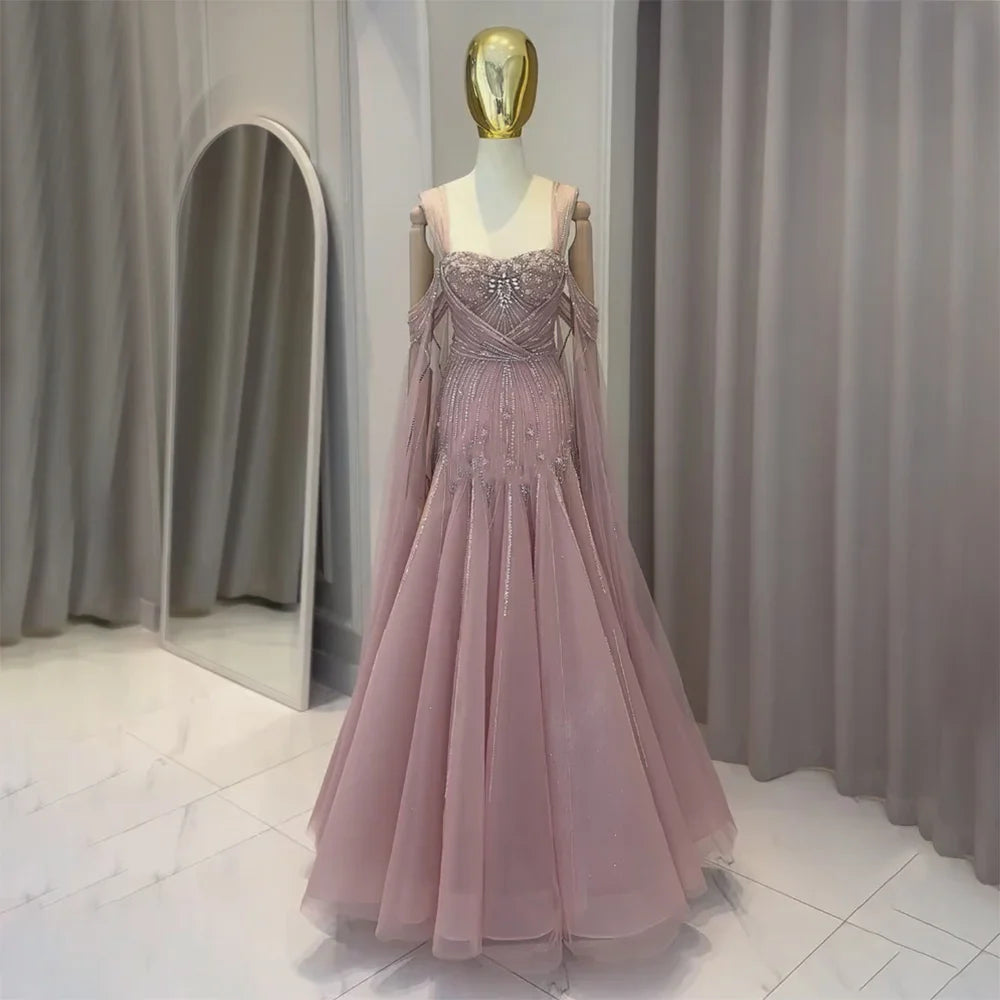 Luxury Dubai pink Beaded Spaghetti Strap Design A-Line Evening Dresses Gowns with Cape Sleeves for Formal Occasion LA72726
