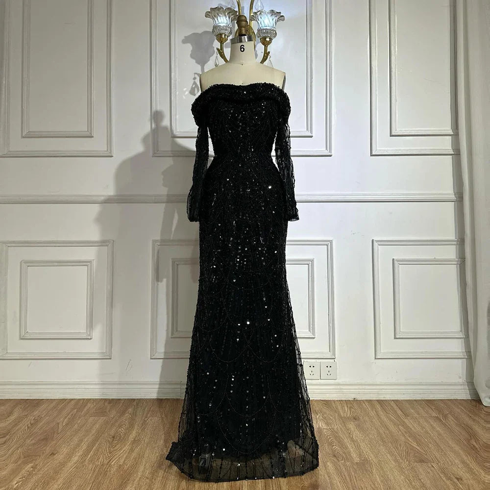 Luxury Dubai Black Off-Shoulder Beaded Corset Evening Gown with Detachable Satin Overskirt for Formal Occasion LA72254B
