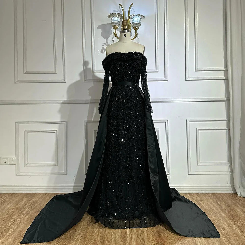 Luxury Dubai Black Off-Shoulder Beaded Corset Evening Gown with Detachable Satin Overskirt for Formal Occasion LA72254B