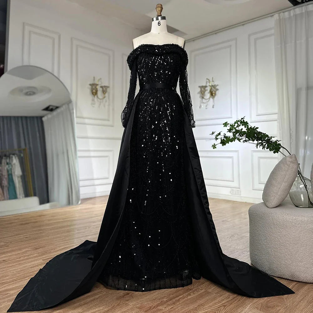 Luxury Dubai Black Off-Shoulder Beaded Corset Evening Gown with Detachable Satin Overskirt for Formal Occasion LA72254B