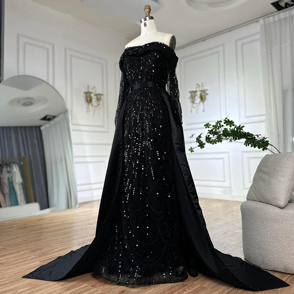 Luxury Dubai Black Off-Shoulder Beaded Corset Evening Gown with Detachable Satin Overskirt for Formal Occasion LA72254B