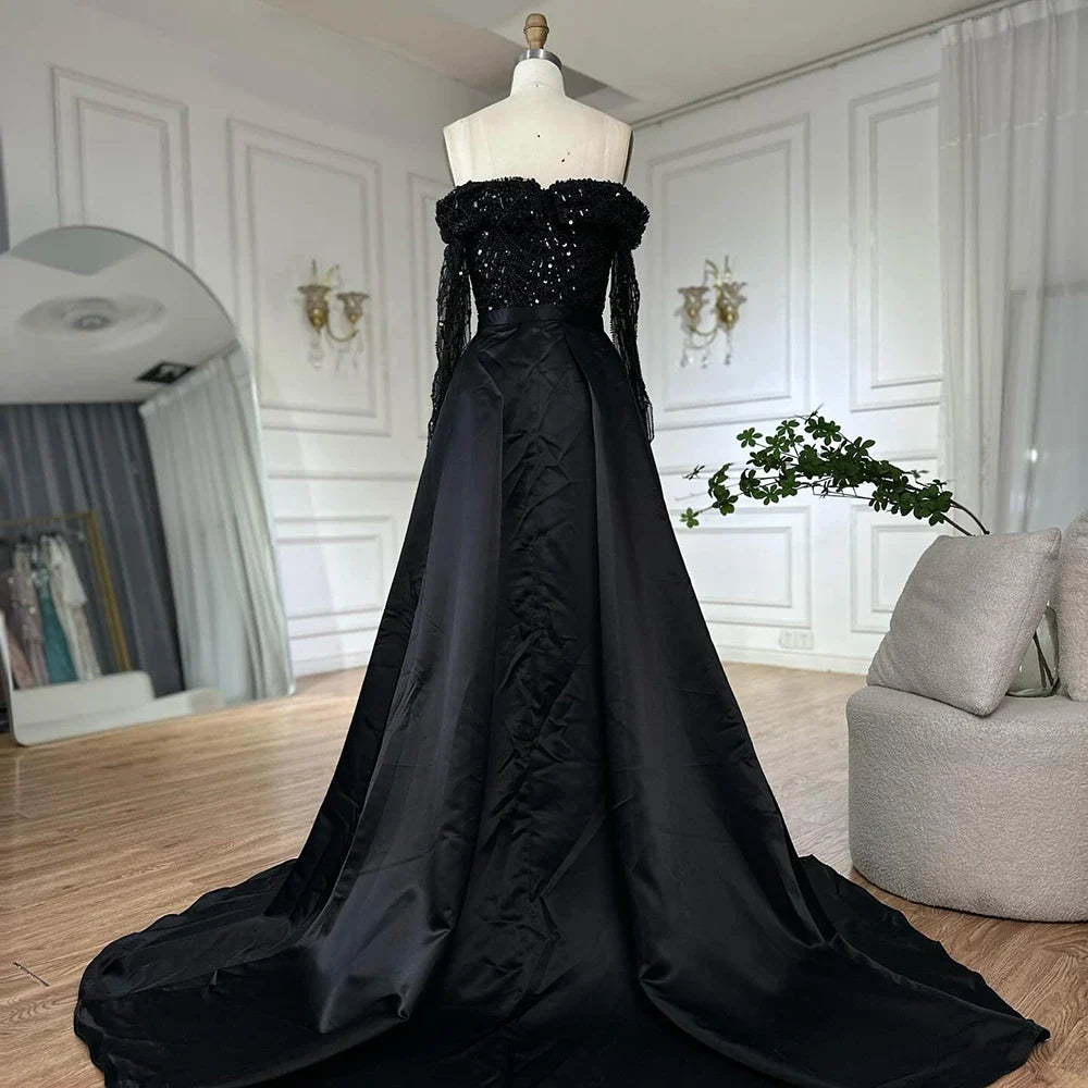 Luxury Dubai Black Off-Shoulder Beaded Corset Evening Gown with Detachable Satin Overskirt for Formal Occasion LA72254B