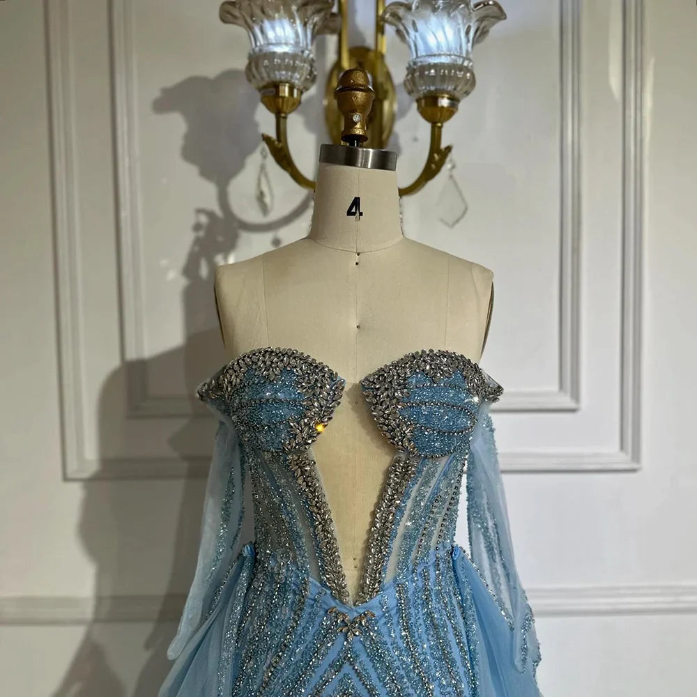 Luxury Blue Mermaid Evening Dress with Gloves and Overskirt LA72582