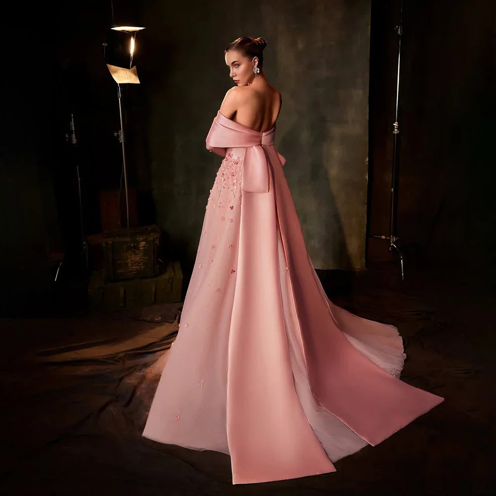 Arabia Peach Off the Shoulder A Line Satin Appliques Evening Dress Gown LA72830