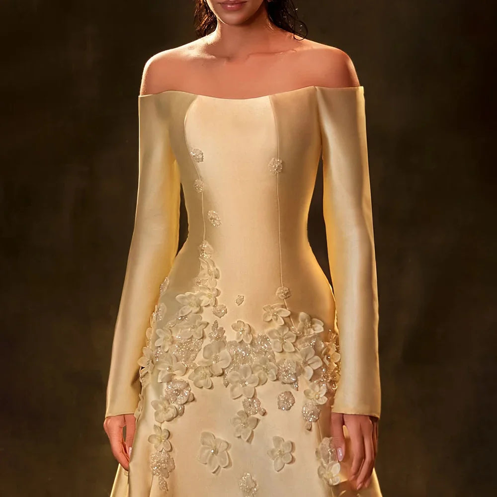 Luxury Dubai Arabia Yellow A-Line Satin Appliques Evening Dresses Gowns for Formal Occasion LA72833