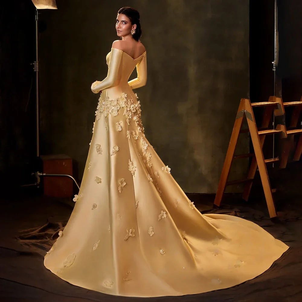 Luxury Dubai Arabia Yellow A-Line Satin Appliques Evening Dresses Gowns for Formal Occasion LA72833