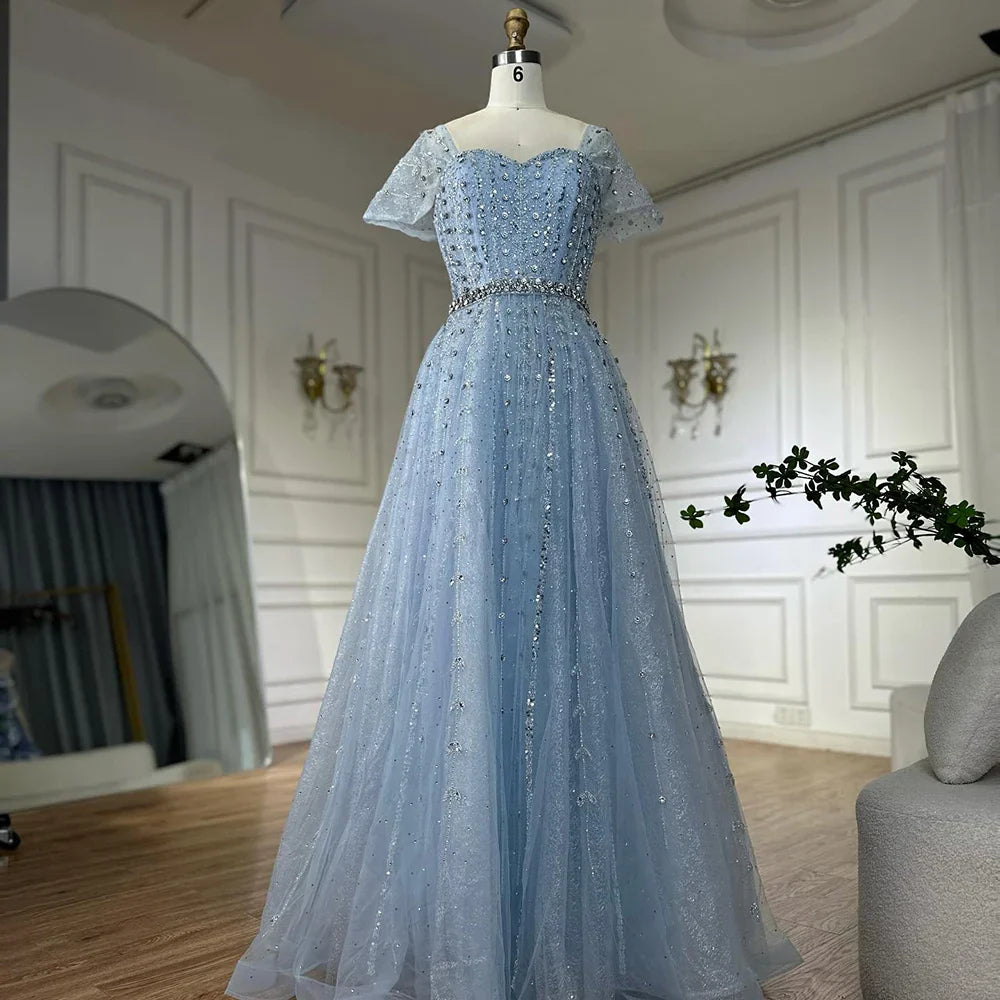 Blue A Line Beaded Backless Evening Dress Gown LA72834